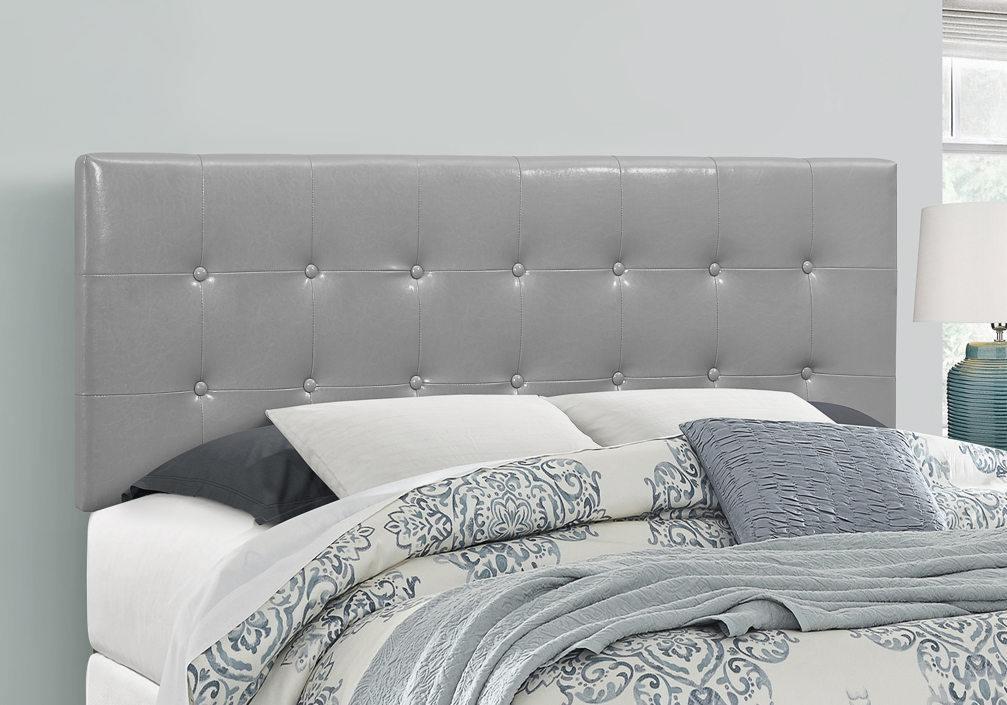 Wall Mounted Head Board - Button Tuffed Grey Leather - Sleep Solutions