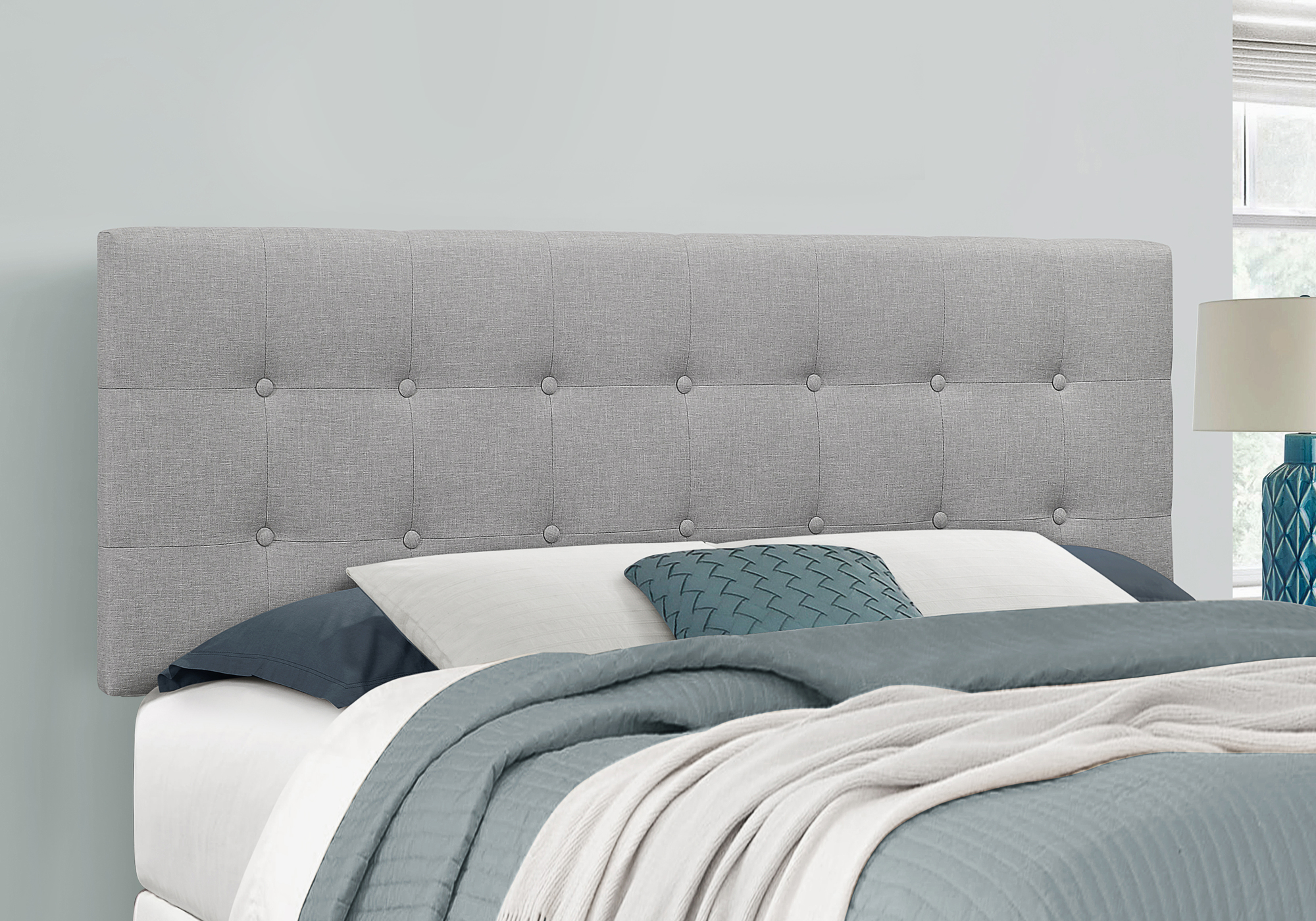 Wall Mounted Head Board - Button Tuffed Grey Linen - Sleep Solutions